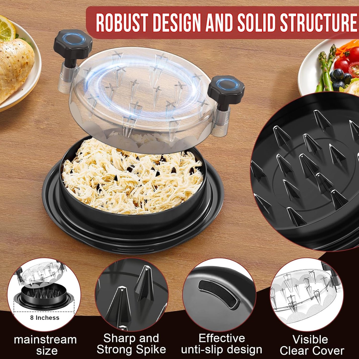 Chicken Shredder 8 Inches, Chicken Shredder Tool Twist for Pork Beef Chicken, Meat Shredder, Clear Lid, Ergonomic Handle, Strong Anti-Slip, BPA Free, Easy to Clean, Dishwasher Safe (Black)
